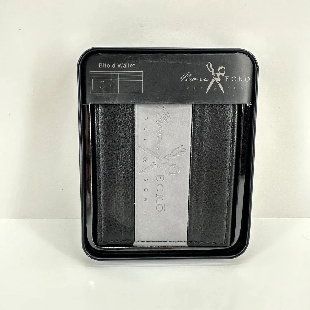 Marc Ecko Wallet Cut‎ & Sew Bifold Black Grey Leather Rhino Logo Tin Box
